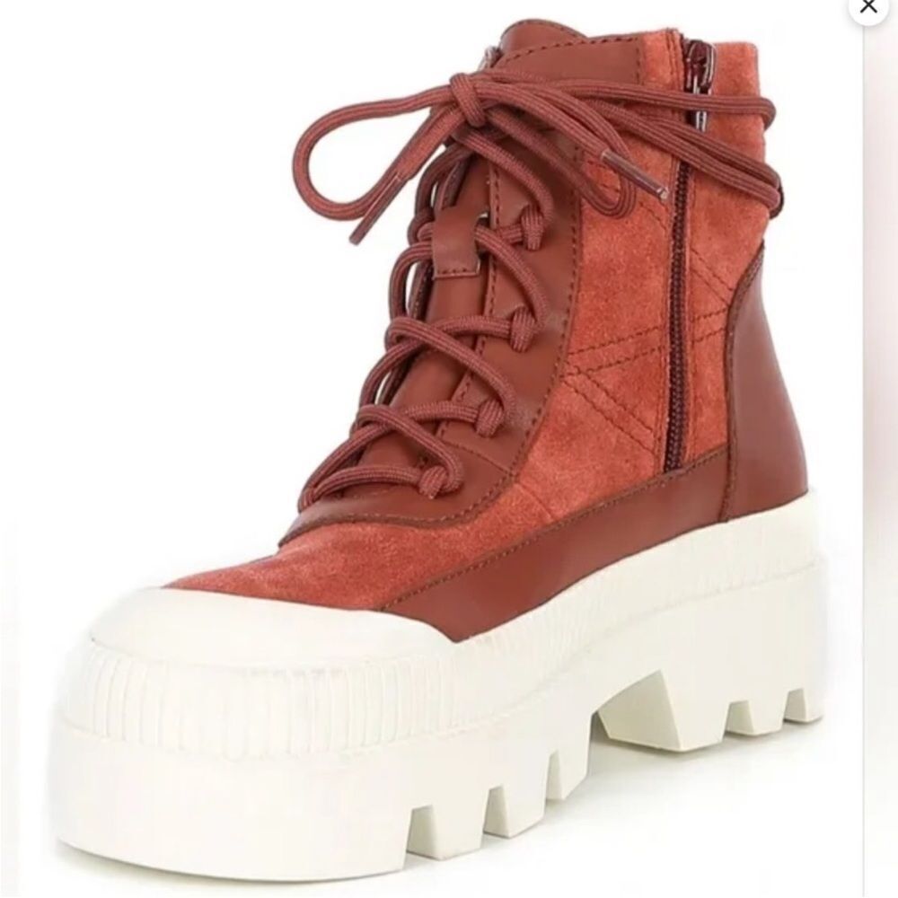 GIANNI BINI Rust Red Leather Lug Sole Platform Bootie Sneaker High Top Size‎ 6.5
